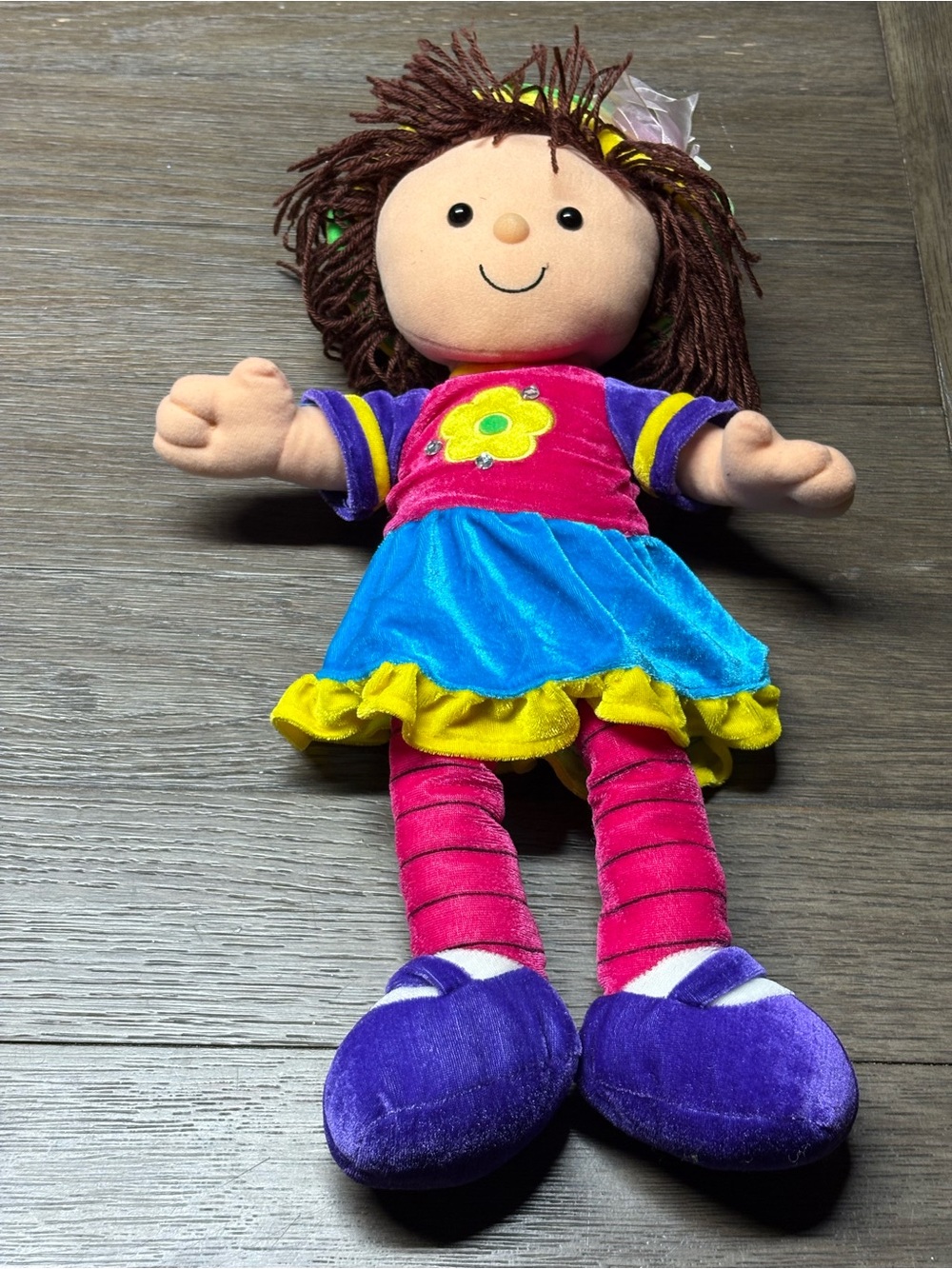 Colorful Soft Rag Doll 20” Yarn Hair Flower Dress Hat Plush Doll